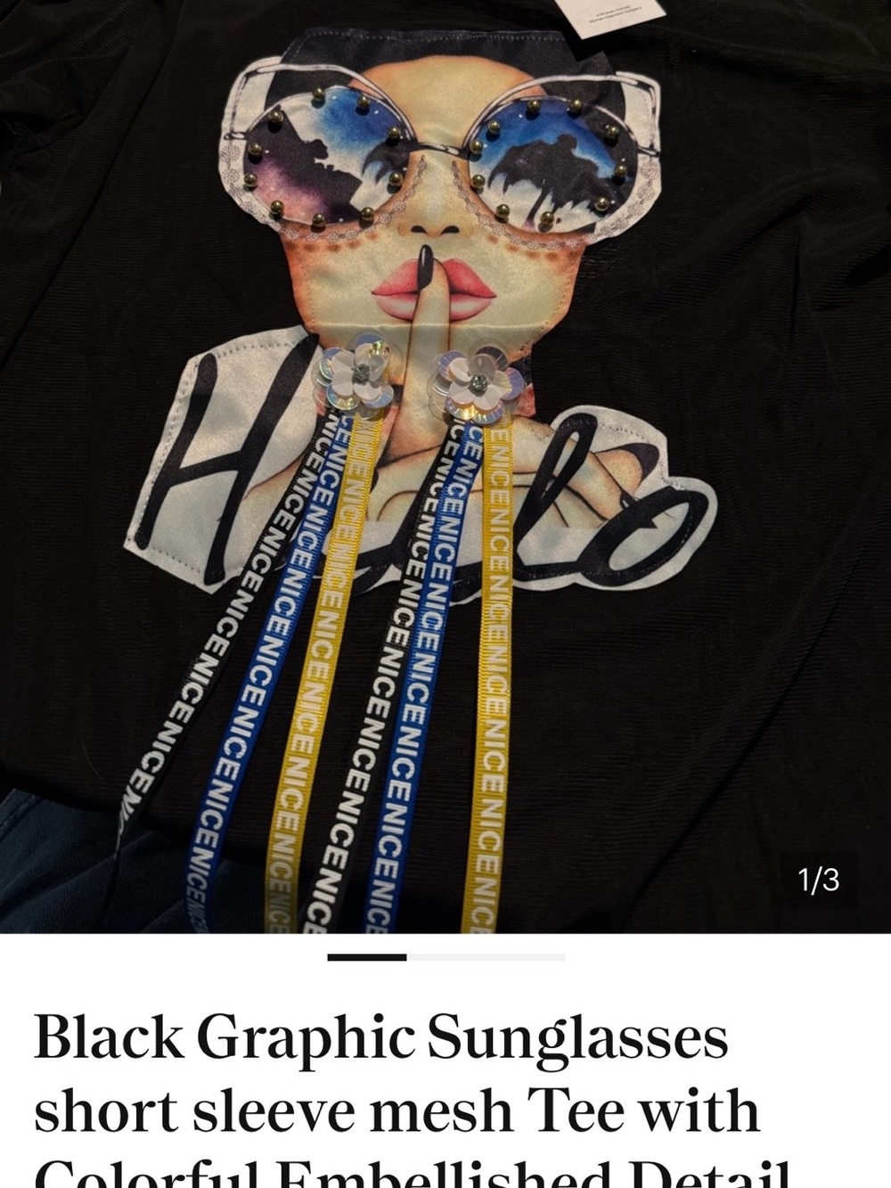 Black Graphic Sunglasses Mesh Tee with Colorful Embellished Detail